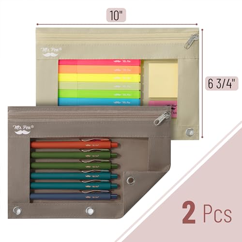 Mr. Pen- Pencil Pouch for 3 Ring Binder, 2 Pack, 10"x6.75", Smooth Zipper | Clear Window, Large Capacity Pencil Case with 3 Reinforced Grommets for School, Office, Supplies Storage | Clear Window, Large Capacity Pencil Case with 3 Reinforced Grommets for
