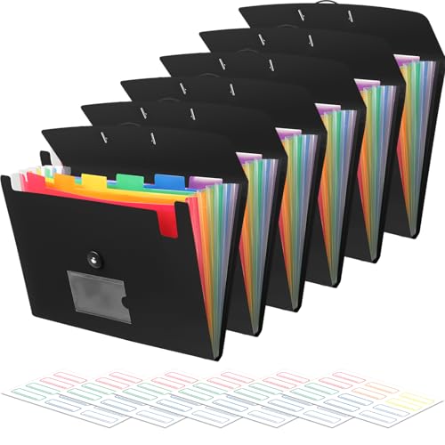 Accordian File Organizer 7 Pocket Expanding File Folder with Labels, Plastic Expandable File Folder for Documents Letter Size A4 Papers - 6-Pack Black - size: 6-Pack 7 Pocket