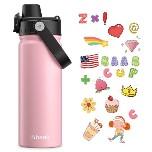 baab 18oz Kids Water Bottle, Insulated Kids Water Bottle with Lockable Spout Lid & Stickers, 18/8 Stainless Steel Vacuum Leakproof Kid Water Cup with Handle for Sports Boy Girl & School (Pink, 1 Pack) - color: Pink, size: 18 Ounces
