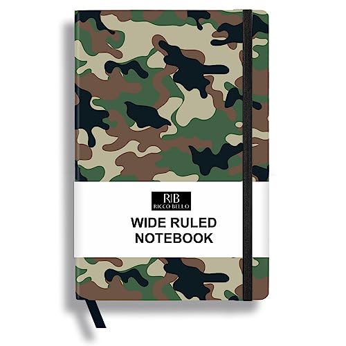 RICCO BELLO Wide Ruled Hardcover Diary Journal, Green Camouflage | School or Travel Notebook, For Boys & Girls, Kids, Tweens, Bookmark, Band Closure, Storage Pocket, 5.7 x 8.4 Inches - color: Green Camouflage