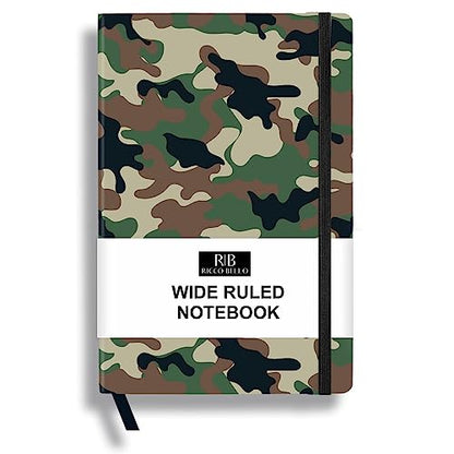 RICCO BELLO Wide Ruled Hardcover Diary Journal, Green Camouflage | School or Travel Notebook, For Boys & Girls, Kids, Tweens, Bookmark, Band Closure, Storage Pocket, 5.7 x 8.4 Inches - color: Green Camouflage
