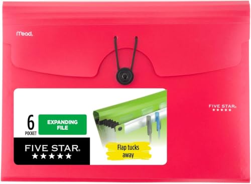 Five Star Expanding File Organizer, 6-Pocket Accordian File Organizer, Bungee Closure, Holds 11" x 8-1/2", Fire Red (350100B-ECM)| (Pack of 6) - color: Fire Red, size: Pack of 6