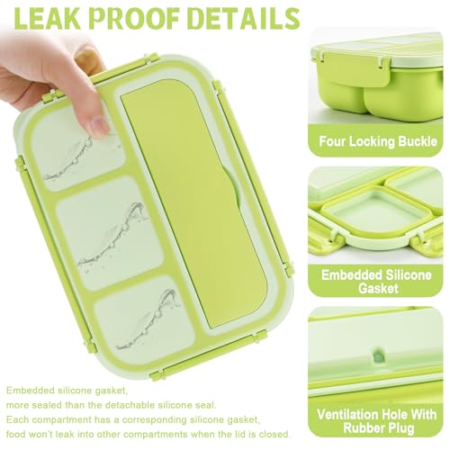 shell and turtle Bento Box Adult Lunch Box, Lunch Containers for Kids Girls Boys with 4 Compartments, Lunchable Food Container with Utensils, Sauce Jar, Muffin Liners, 40 Oz/5 Cup, Bright Green - color: Bright Bright Green