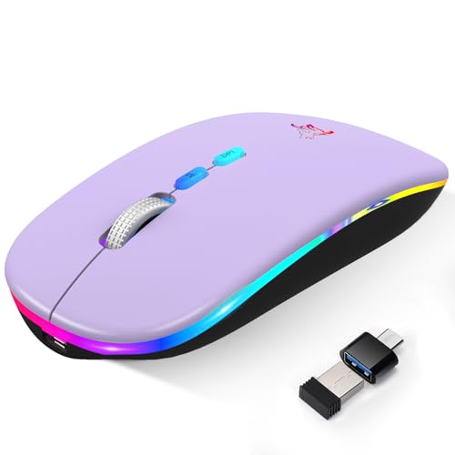 HOTLIFE Wireless Bluetooth Mouse, Slim Rechargeable LED Mouse, 2.4G Portable USB Optical Mouse with USB Receiver and Type C Adapter, Light Purple - color: Light Purple