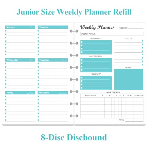 Junior Size Undated Weekly Planner Refills - 8-Disc 53 Sheets/106 Pages Weekly Planner for Half Letter Size, 100 gsm White Paper, Lasts 1 Year, Undated, 5.8" x 8.3", Teal - size: 1-Pack, style: 8-Disc/Junior Size