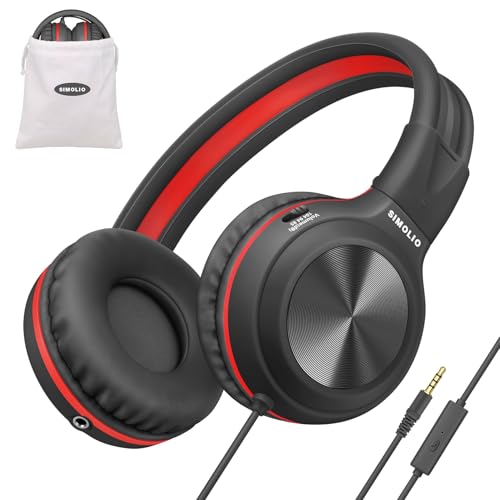 SIMOLIO Wired Headphones with Microphone & Volume Control & 3-Level Switchable Volume Limited & Share Jack & Bag, Stereo Headset for Kids Teens Adults Youth School Plane Travel Gift PC Computer Laptop
