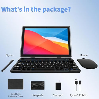 ECOPAD Android 15 Tablet, 10 Inch Tablets with Keyboard Mouse 12GB RAM + 64GB ROM +1TB Expand, 2 in 1 Tableta with WiFi 6 / Bluetooth/GMS Certified/IPS Touch Screen, Black Set - color: Black Set
