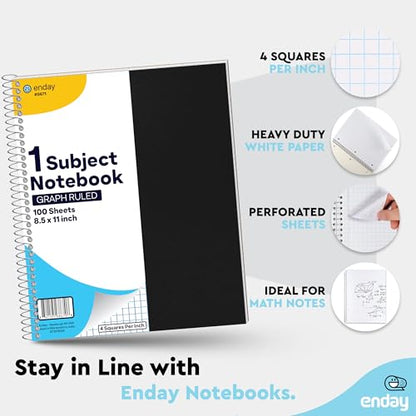 Enday Graph Paper Notebook 8.5 x 11 with Plastic Cover, 1 Black Grid Notebook, Graph paper spiral notebook, Graph notebook, 4 Squares per inch Grid paper notebook, White Paper Quad Ruled Spiral - color: Black