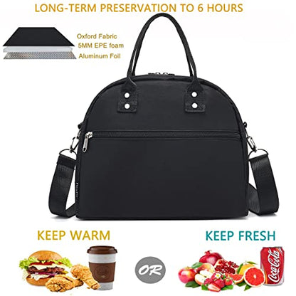 FlowFly Insulated Lunch Bag With Shoulder Strap for Women, Men, and Kids, Large and Reusable, Handle, Freezable Work and School Travel Tote and Meal Prep Organizer (Black) - color: Black