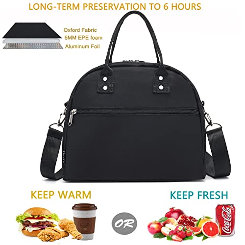 FlowFly Insulated Lunch Bag With Shoulder Strap for Women, Men, and Kids, Large and Reusable, Handle, Freezable Work and School Travel Tote and Meal Prep Organizer (Black) - color: Black