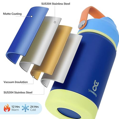 Kids Insulated Water Bottle with Straw Lid & Silicone Handle,12oz Kids Leak Proof Water Bottle for School Boys Girls,Double Wall Vacuum Stainless Steel with Non-slip Silicone Base(Dark Blue) - color: Dark Blue, size: 12 Ounces