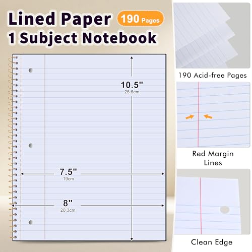 MUAHLIUB Spiral Notebook Wide Ruled Paper 8" x 10 1/2", 1 Subject Spiral Notebook, 3-Hole Punched Perforated Pages Ideal for School, Office, Writing, 95 Sheets Lined Journaling Notebook, Black - color: Black