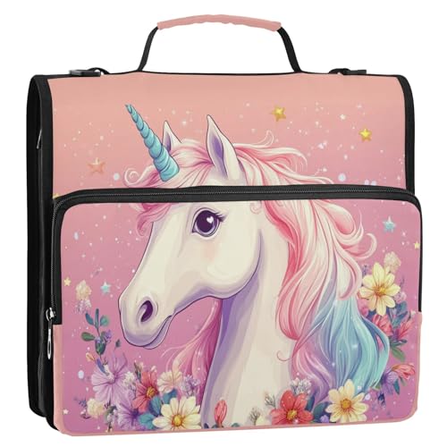 Boccsty A Unicorn Head Zipper Binder 3 Ring Binders Expanding File Folder Multi-Pocket Zipper Binder Organizer for School Shoulder Strap and Handle - color: Multicolored 14