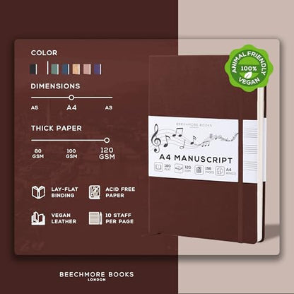 BEECHMORE BOOKS Music Manuscript Paper Notebook - A4 Blank Sheet Music Composition Book for Songwriters & Musicians, 120gsm Thick Staff Paper, 10 Staves, Hardcover Vegan Leather, Perforated Pages - color: Chestnut Brown
