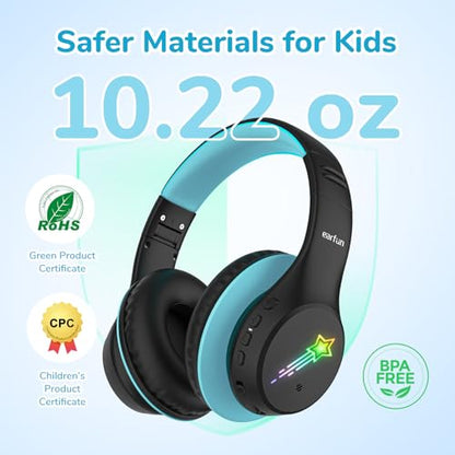 EarFun K4 Kids Bluetooth Headphones, Wireless Headphones with LED Lights | 74/85/94dBA Volume Limited, Built-in Mic, 90H Playtime, Bluetooth 5.4 Over Ear Headphone for iPad/Tablet/School, Dark Black - color: Dark Black