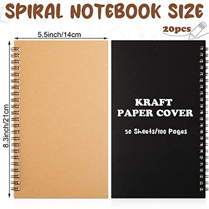 Eersida 20 Pack A5 Spiral Notebook Bulk, College Ruled Lined Notepads 5.5" × 8.3" 100 Pages (50 Sheets), Hardcover Writing Journals for Office Meetings Work Back to School Supplies(Black, Kraft) - color: Black, Kraft