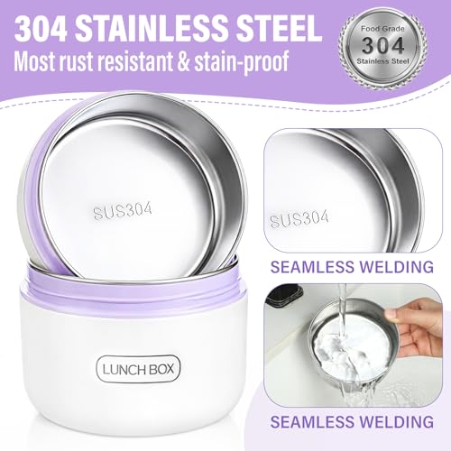 Dandat 4 Pcs Insulated Lunch Container, Portable Bento Box, Stainless Steel Lunch Box, Round Stackable Leakproof Thermal Food Container for Adult Men Women with Insulated Bag, 74 oz(Purple) - color: Purple