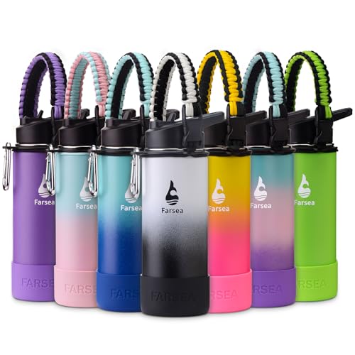 Farsea Insulated Water Bottle With Paracord Handle, Protective Boot and 2 Lids (Straw Lid & Spout Lid), Stainless Steel Water Bottle Wide Mouth, Double Wall Sweat-Proof BPA-Free, 18 oz - color: White/Black, size: 18 Ounces