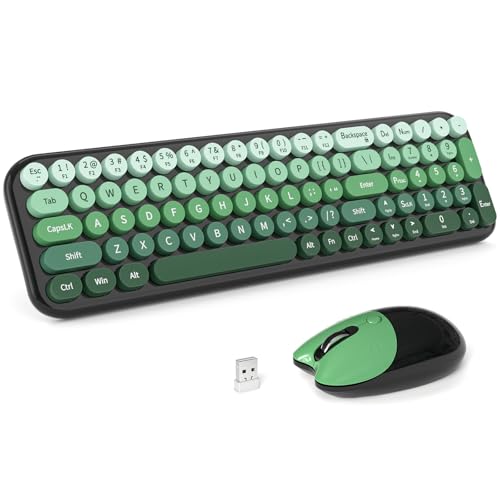 MOFII Wireless Keyboard and Mouse Combo, Compact Typewriter Retro Round Computer Keyboard and Mouse Set, Plug and Play, for Windows, Computer, Desktop, PC, Notebook - Black Green Gradient - color: Black Green Gradient