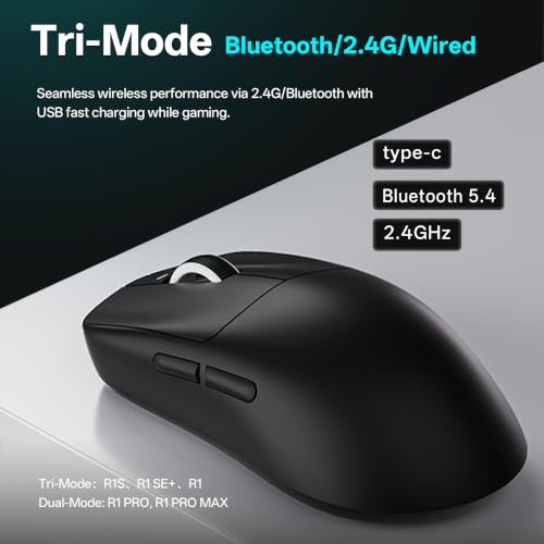 ATK VXE Dragonfly R1 S Wireless Gaming Mouse, Xhero AI Sensor, Adjustable DPI, 55g Lightweight, 150 Hr Battery Life, Tri-Mode 2.4G/Bluetooth/Wired - Black - color: Black, style: R1 S