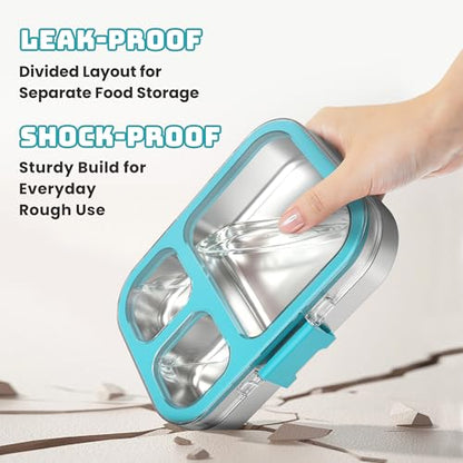 LOHASOK Kids Stainless Steel Lunch Bento Box BPA-Free Leak-Proof Tritan Lid 304 Metal Food Container with 3 Compartments for Girls Boys School Blue - color: Blue, size: 27oz/800ml