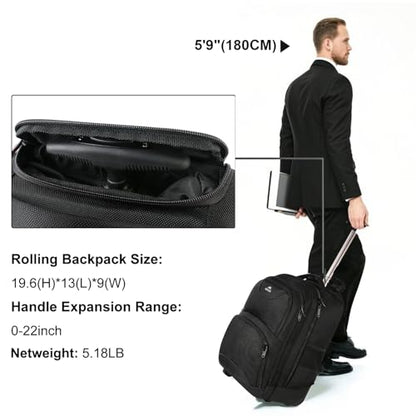 MATEIN Rolling Backpack, 17 inch Water Resistant Wheeled Laptop Backpack, Carry on Luggage Business Bag, Overnight College Computer Bag Trolley Suitcase for Men Women Adults to Travel, Black | Backpack with Wheels, 17 inch Laptop Backpack, 36 L Main Compa