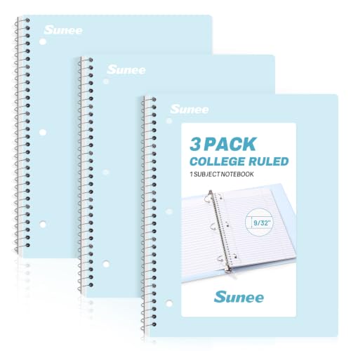 SUNEE Spiral Notebooks, 3 Pack, 1-Subject, College Ruled Paper, 8" x 10-1/2", 70 Sheets per Notebook, Blue - color: Blue