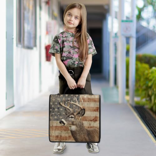 Rustic Deer USA Flag 3 D-Ring 2 inch Zipper Binder Bag with Shoulder Strap, Multi-Pocket Portfolio Organizer Case for 240 Inch Laptop Middle School