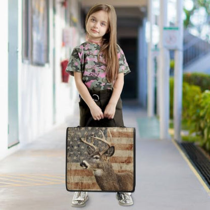 Rustic Deer USA Flag 3 D-Ring 2 inch Zipper Binder Bag with Shoulder Strap, Multi-Pocket Portfolio Organizer Case for 240 Inch Laptop Middle School