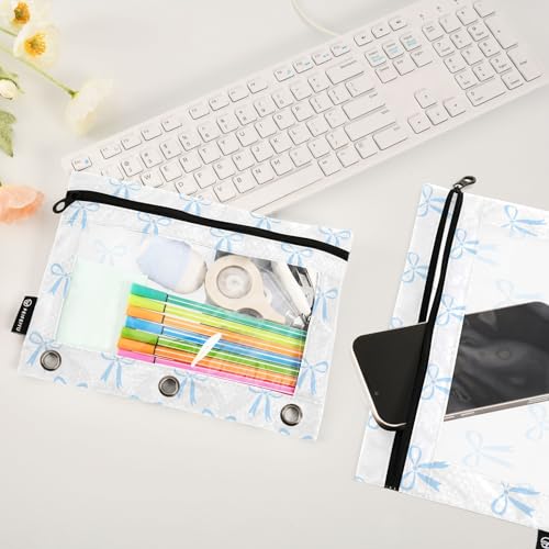 Blue Bow White Pencil Pouch for 3 Ring Binder 2 Pcs Binder Pouches with Zipper Pocket Pencil Case Bag with Clear Window for Office Work School Supplies - color: Blue Bow White
