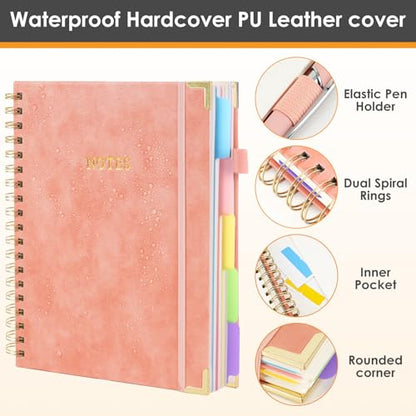 Hardcover Spiral Notebook with Dividers Tabs, 300 Pages 8"x10"(B5) Leather 5 Subject Notebook, Large Journal for Work School Note Taking, Journal for Women, Pink - color: 1-pink