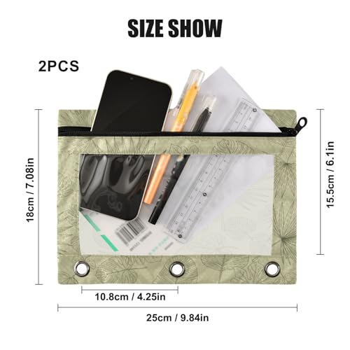 Blueangle Tropical Leaf Line Art Pencil Pouch for 3 Ring Binder, 2 Pack Clear Window Zipper Pencil Bags for Office