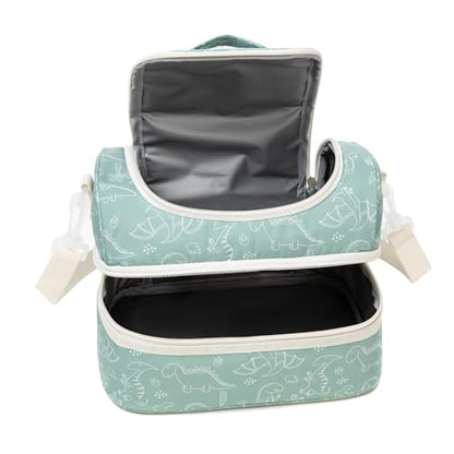 Insulated Kids Dual Compartment Lunch Bags Tote for Girls Boys Toddler Lunch Boxes Pre-School Toddler Kindergarten Picnic Camp Food Cooler Thermal with Strap - color: Green Dinos