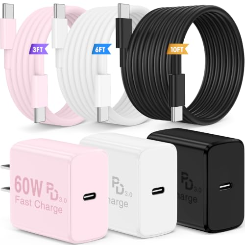 QZIIW Super Fast Charger Type C, 60W Colorful Mixed USB C Fast Charger Block 3 Pack & Extra Long 60W 3/6/10FT USB C Cable - PD Quick Charging 3.0 for iPhone 17 16 15 Samsung Galaxy S26 Ultra S25 S24+ - color: Pink+White+Black