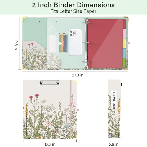 3 Ring Binder 2 Inch for Letter Size 8.5" x 11" Paper, Clipboard Binder with 5 Tabbed Dividers with Pockets, Plastic Folder and 40 Divider Stickers, School and Office Supplies, Garden Flowers - color: Garden Flowers, size: 2 Inch