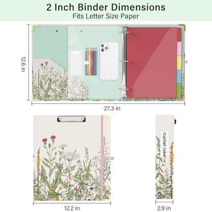 3 Ring Binder 2 Inch for Letter Size 8.5" x 11" Paper, Clipboard Binder with 5 Tabbed Dividers with Pockets, Plastic Folder and 40 Divider Stickers, School and Office Supplies, Garden Flowers - color: Garden Flowers, size: 2 Inch