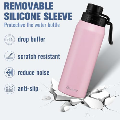 OLDLEY 24 oz Insulated Water Bottle With Straw, Stainless Steel Sports Water Cup Flask with 3 Lids(Straw, Spout and Handle Lid) Double Walled Travel Thermal Canteen Mug,No Silicone Base, Lavender Mist - color: Lavender Mist, size: 24 Ounces