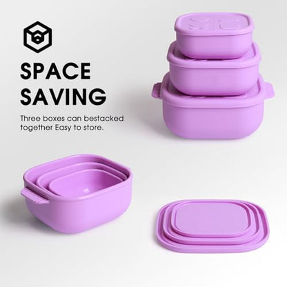 Silicone Bento Box ｜Food Grade & Leakproof Lunch Box Bento with Lids ｜3-Piece Space-Saving Nesting Kit Food Storage Containers Set (Purple) - color: Purple