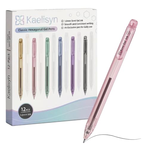 12 Pack 1.0mm Black Semi-Gel Ink Retractable Hex Rollerball Pens | Exclusive Import Semi-Gel Refill, Visible Ink Window, Non-Slip Hex Barrel, Proof Ink for Student, Nurse & Office Exam Writing