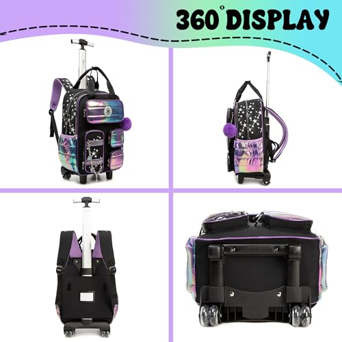Rolling Backpack with Wheels for Girls Rolling Backpack with Lunch Bag and Pencil Case Set Kids Travel Luggage for Elementary School Girls Ages 5-12 - color: A Black