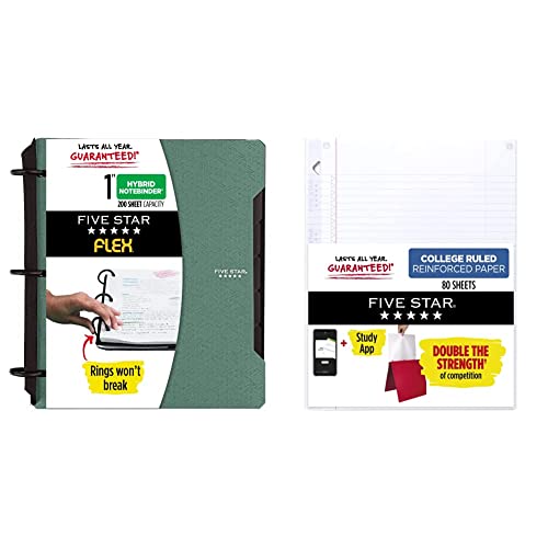Five Star Flex Hybrid NoteBinder, 1” Binder with Tabs, Notebook and 3-Ring Binder All-in-One, Green and Five Star Loose Leaf Reinforced Filler Paper, 3 Hole Punched, College Ruled, 80 Sheets