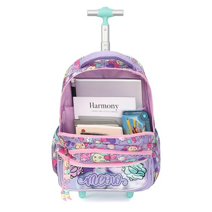 Cartoon Rolling Backpack for Boys Girls, Kids 5 Pcs Wheeled Backpack, Travel Backpack for Elementary Students (Cat Purple) - color: Cat Purple