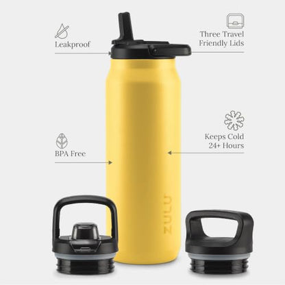 ZULU Base 40oz Stainless Steel Water Bottle with 3 Lids- Straw, Chug, Twist | Double Walled and Vacuum Insulated Metal Thermos | For Gym, Outdoor | Built in Carry Loop, Dishwasher Safe, Vitamin C - color: Vitamin C, style: 40oz