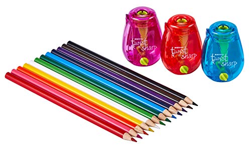 Bostitch Office Pencil Sharpener, Twist-N-Sharp, 3-Pack with 12 Colored Pencils for Kids Activities or Adult Coloring - color: Assorted With Colored Pencils, size: 3 Pack