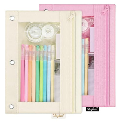 SKYDUE Pencil Pouch for 3 Ring Binder, 3 Ring Zipper Pencil Case with Clear Window, Large Binder Pencil Pouch with Grommets, Three Hole Pencil Holder for School, Pink & Purple (2 Pack) - color: Pink&beige