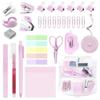 Mini School Supplies Kit, Pink Stapler with Staples and Tape Dispenser Set, Mini Stationary Set Includes Sticky Notes Index Tabs Highlighters Gel Pens for Office & Back to School Supplies - color: Pink