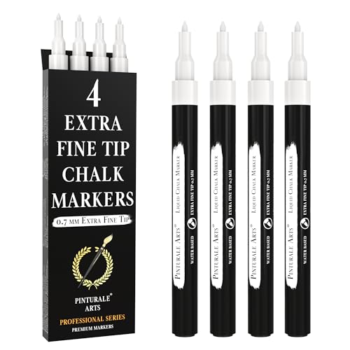 Pinturale Arts® 4 Ultra Fine Tip Chalk Markers | 0.7 mm Tip | For Windows, Blackboard, Dry Erase Board, Chalkboards, Glass, Easy Erase | White Chalk Markers Fine Tip - color: White - 4 x Ultra Fine 0.7mm
