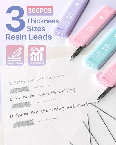 Four Candies Cute Pastel Mechanical Pencil Set, 0.5/0.7/0.9mm, 6 Pack | 360 Lead Refills, 3 Erasers, 9 Eraser Refills, Storage Case, Non-Slip Grip, Fine to Bold Lines for Writing & Drawing - style: 0.5mm+0.7mm+0.9mm