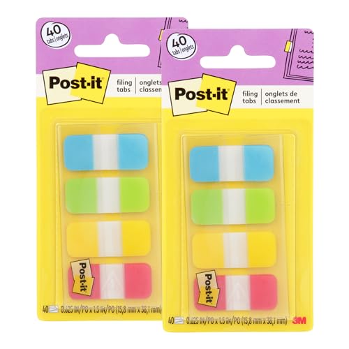 Post-it Tabs, 625 in Solid, Aqua, Lime, Yellow, Red, 10/Color, 40/Dispenser (676-ALYR) (Pack of 2) - size: 0.4" x 2.8" (Pack of 2)