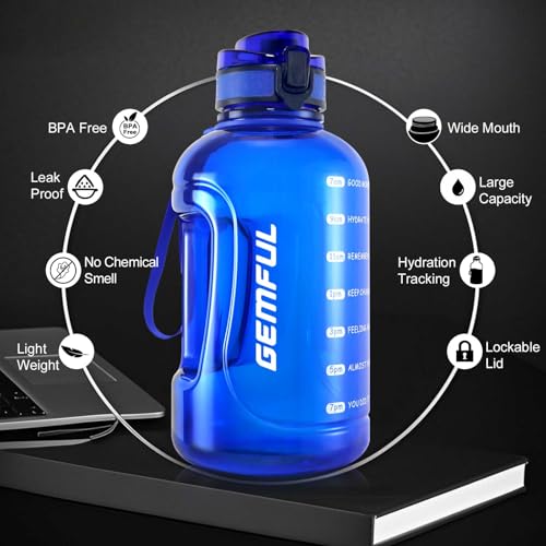 GEMFUL 2L Leak Proof Water Bottle with Handle 64oz Large Gym Jug Time Marker No Straw BPA Free Motivational for Men & Women (Royal Blue) - color: 2L Blue No Straw